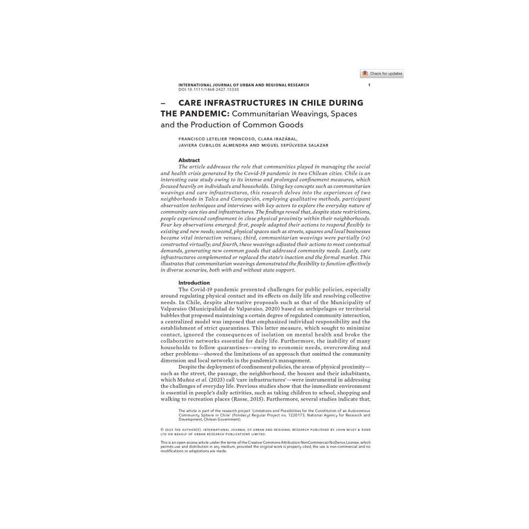 Artículo – Community Care Infrastructures in Chile During the Pandemic: Communitarian Weavings, Spaces, and the Production of Common Goods